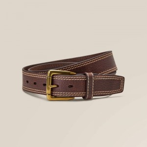 Ariat Gold Buckle Double Stitch Belt Brązowe Polska | UEKDNW-792