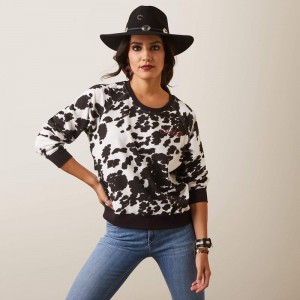 Ariat Real Hide Crew Sweatshirt Holstein Cow Print Polska | OSJCTU-159