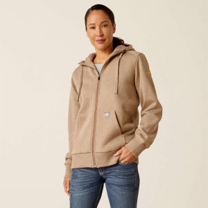 Ariat Rebar All-Weather Sherpa Full Zip Hoodie Oatmeal Heather Polska | YKQAOL-438