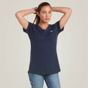 Ariat Rebar Cotton Strong V-Neck T-Shirt Granatowe Polska | KLTIAW-367