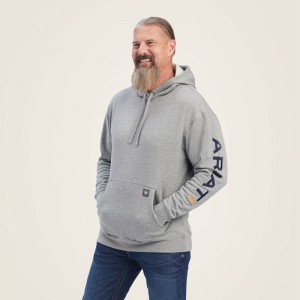 Ariat Rebar Graphic Hoodie Heather Grey/Deep Ultramarine Polska | FXHQTK-243