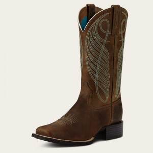 Ariat Round Up Wide Square Toe Western Boot Brązowe Polska | ZNTQOD-396