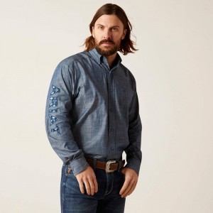 Ariat Team Logo Chambray Classic Fit Shirt Niebieskie Polska | TUSHRG-412