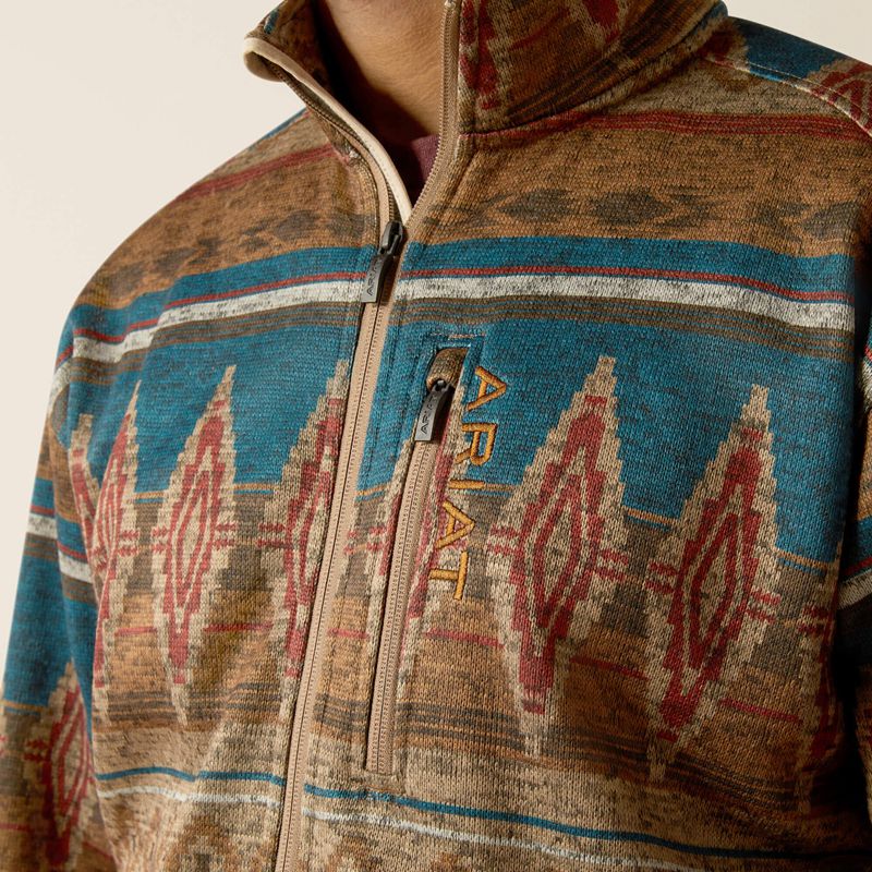 Ariat Caldwell Full Zip Sweater Oxford Tan Southwest Print Polska | RGOQHV-628