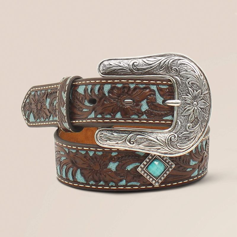 Ariat Fancy Tooled Overlay Belt Brązowe Polska | IXTNEQ-683