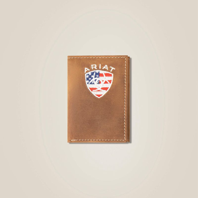 Ariat Flag Shield Trifold Wallet Brązowe Polska | LOTUKJ-025