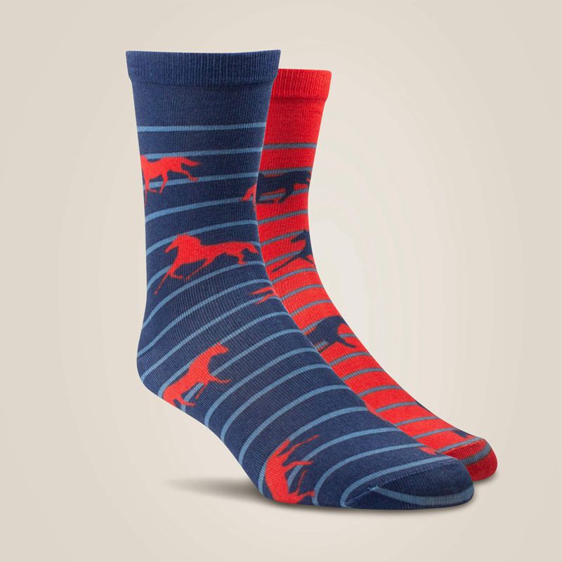 Ariat Horses Over Stripes Crew Sock 2 Pair Multi Color Pack Red/Navy Polska | RDKYGE-219