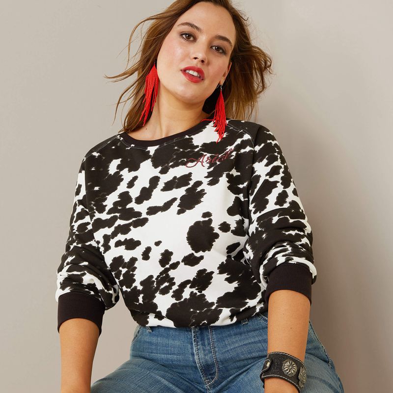 Ariat Real Hide Crew Sweatshirt Holstein Cow Print Polska | OSJCTU-159