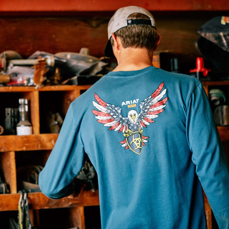 Ariat Rebar Cotton Strong American Raptor T-Shirt Indian Teal Polska | HGCOXT-936