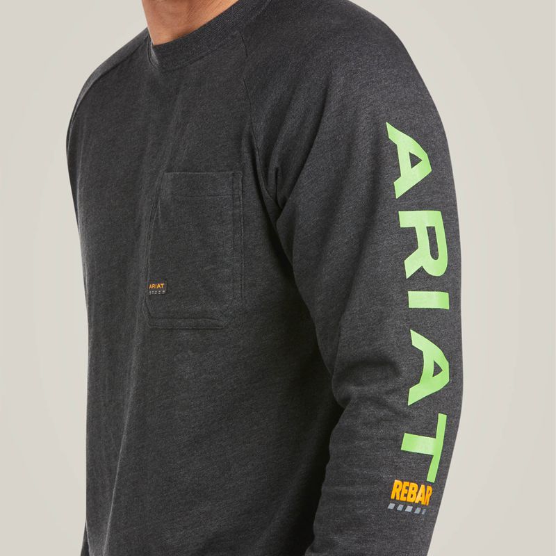 Ariat Rebar Cotton Strong Graphic T-Shirt Charcoal Heather/Lime Polska | GSXZDP-490