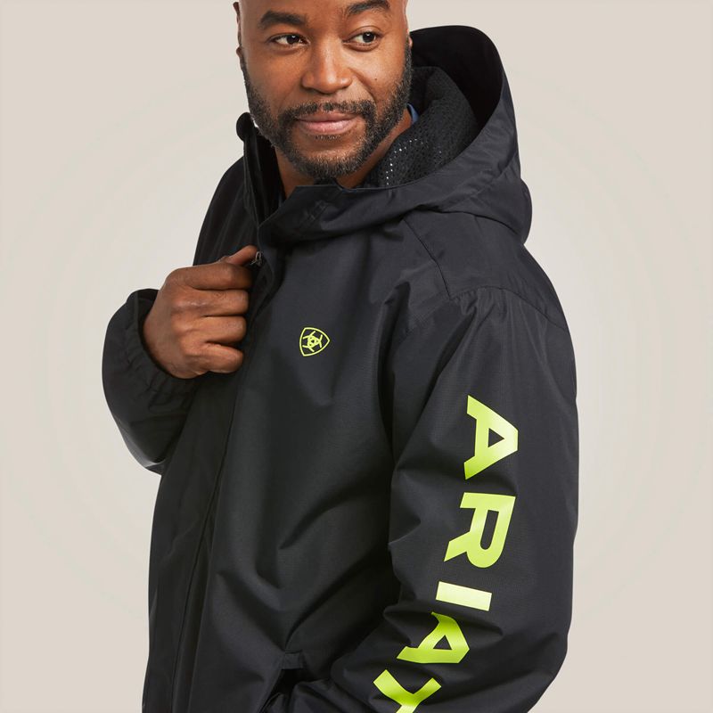 Ariat Rebar Stormshell Logo Waterproof Jacket Black/Lime Polska | AYTRNO-785