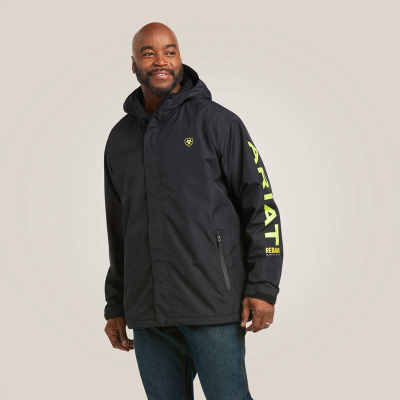 Ariat Rebar Stormshell Logo Waterproof Jacket Black/Lime Polska | AYTRNO-785