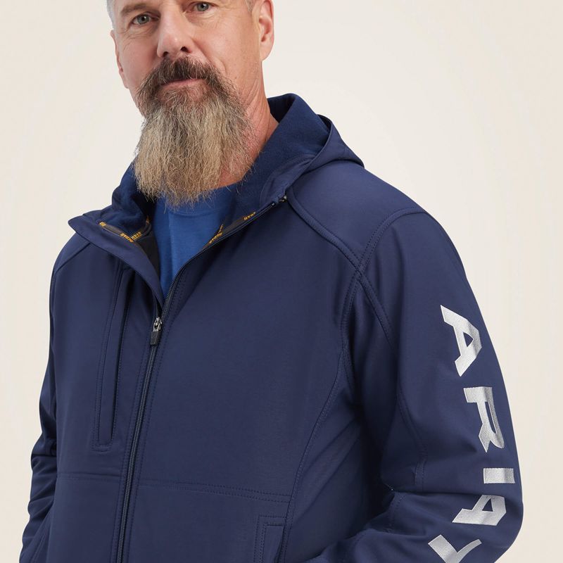 Ariat Rebar Stretch Canvas Softshell Hooded Logo Jacket Navy/Grey Polska | MGYWZU-647