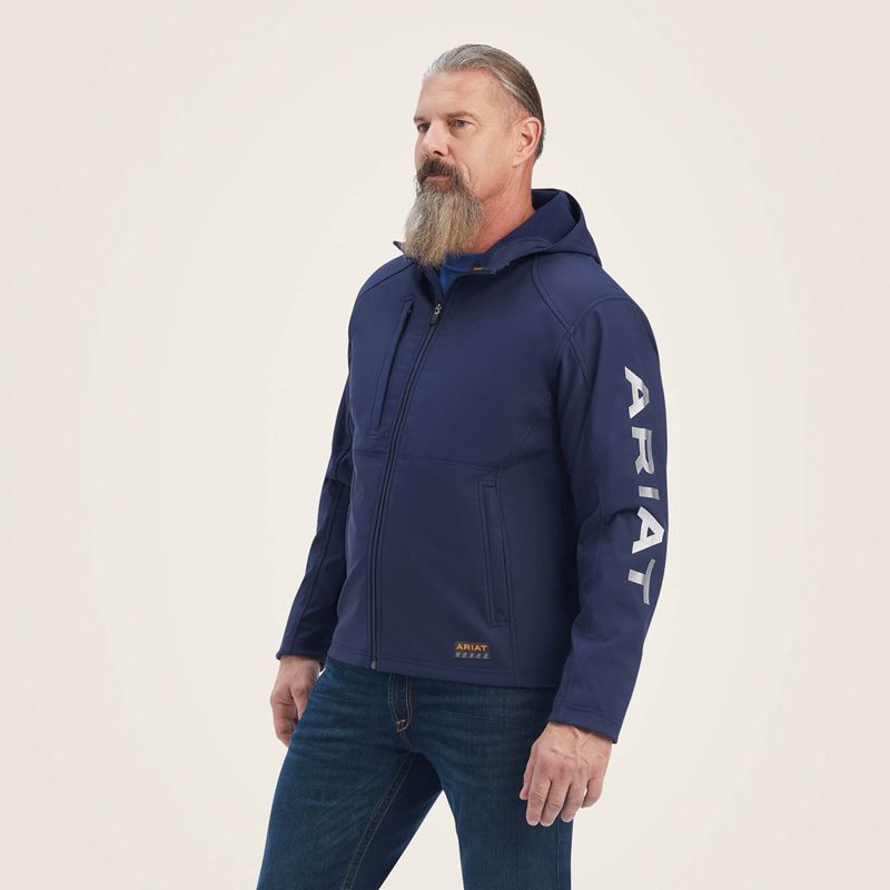 Ariat Rebar Stretch Canvas Softshell Hooded Logo Jacket Navy/Grey Polska | MGYWZU-647