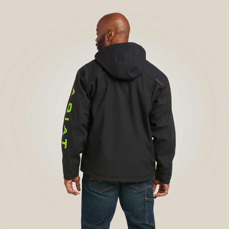 Ariat Rebar Stretch Canvas Softshell Hooded Logo Jacket Black/Lime Polska | YPXBTF-068