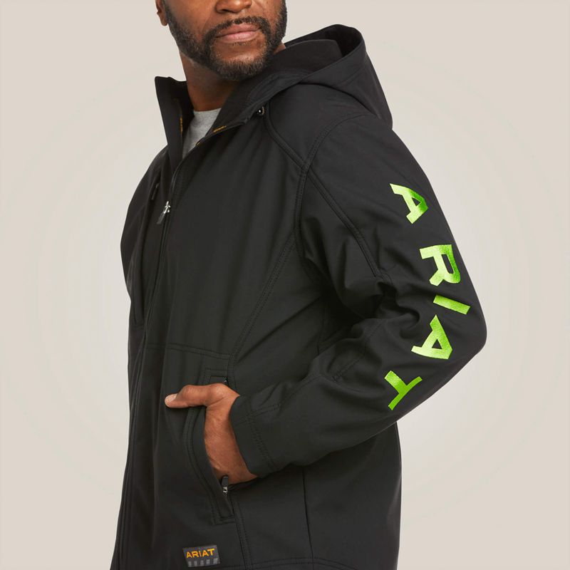 Ariat Rebar Stretch Canvas Softshell Hooded Logo Jacket Black/Lime Polska | YPXBTF-068