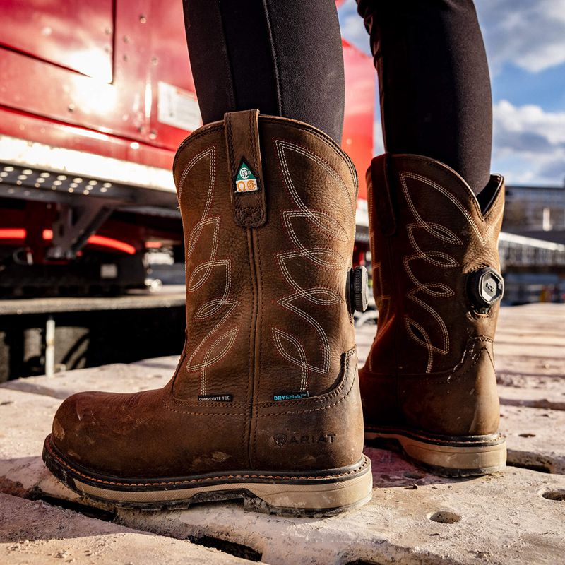 Ariat Riveter Pull-On Boa Csa Waterproof Composite Toe Work Boot Ciemny Brązowe Polska | HFGUXT-504