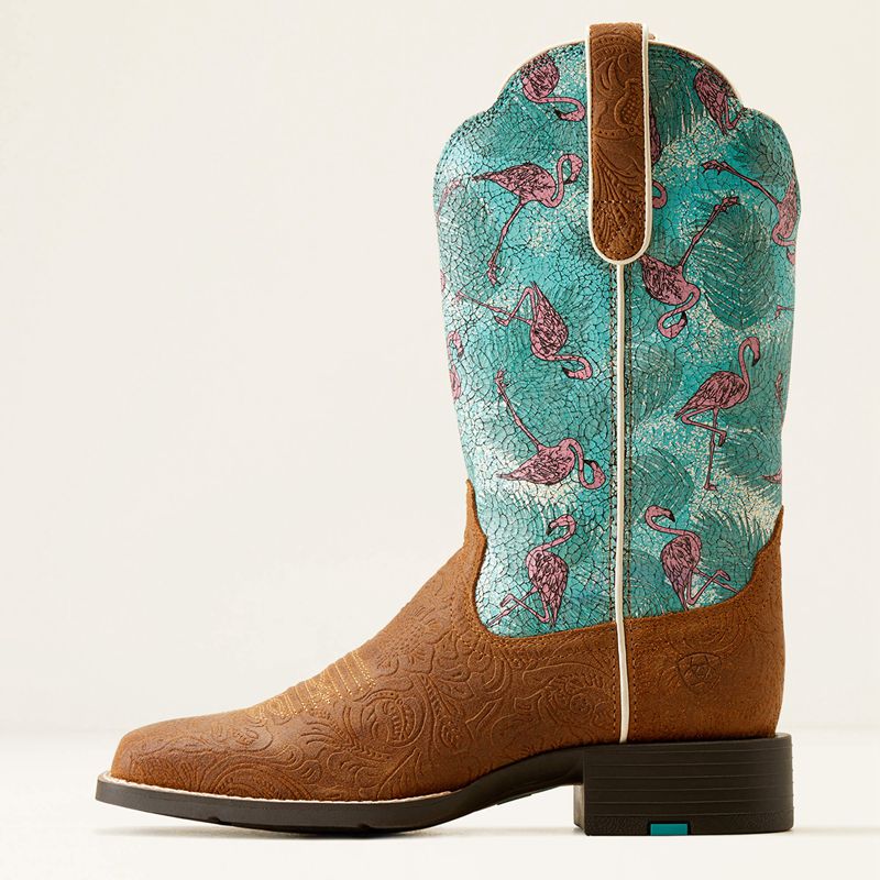 Ariat Round Up Wide Square Toe Western Boot Embossed Chestnut/Flock O Flamingos Polska | OAGIVU-791