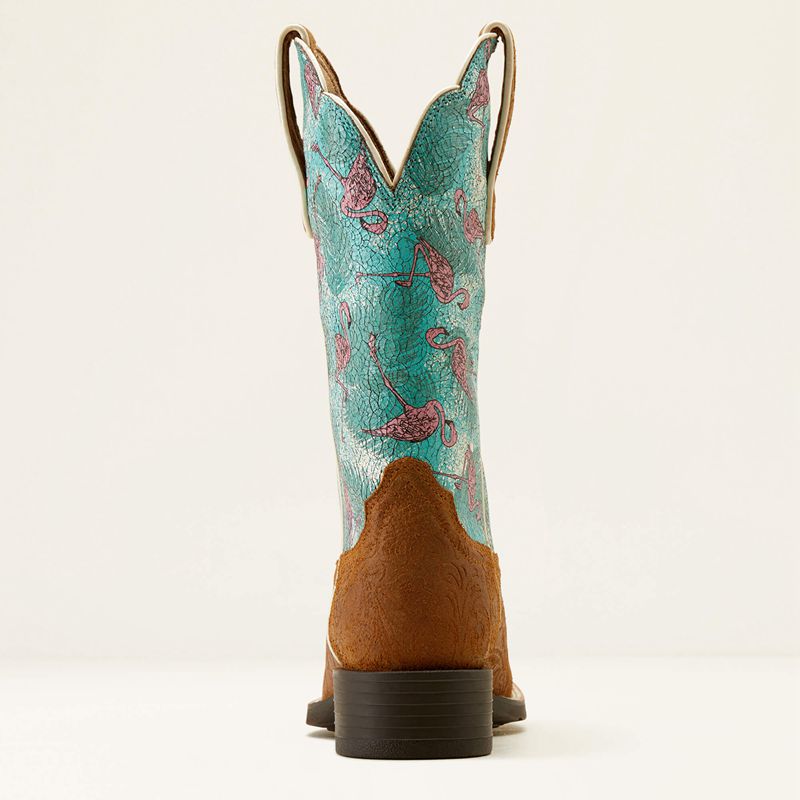 Ariat Round Up Wide Square Toe Western Boot Embossed Chestnut/Flock O Flamingos Polska | OAGIVU-791