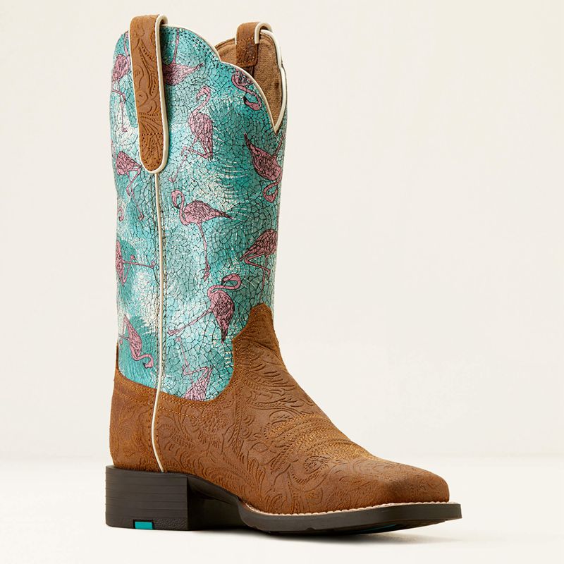 Ariat Round Up Wide Square Toe Western Boot Embossed Chestnut/Flock O Flamingos Polska | OAGIVU-791