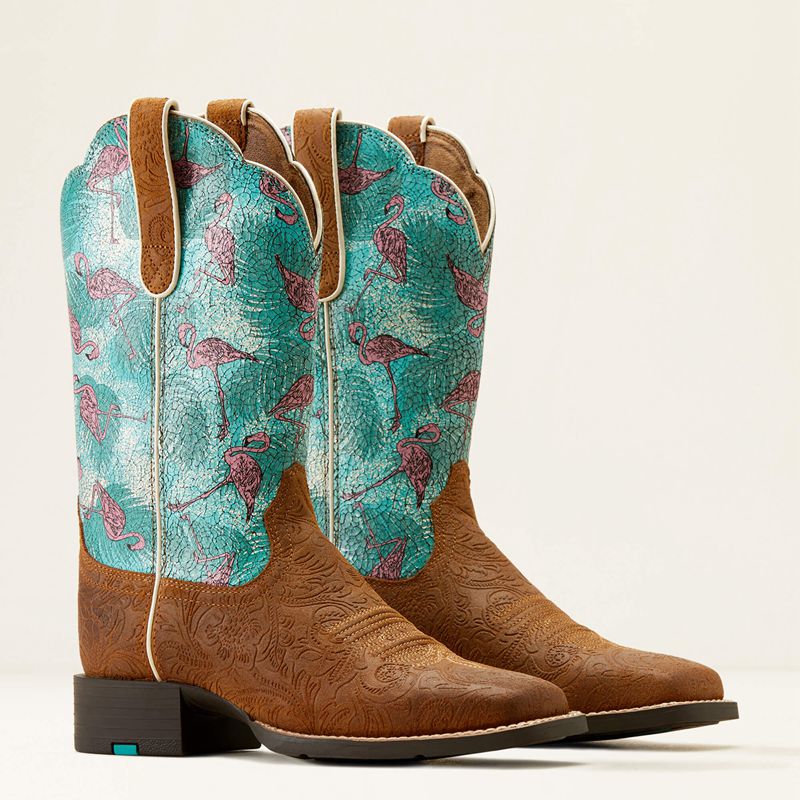 Ariat Round Up Wide Square Toe Western Boot Embossed Chestnut/Flock O Flamingos Polska | OAGIVU-791