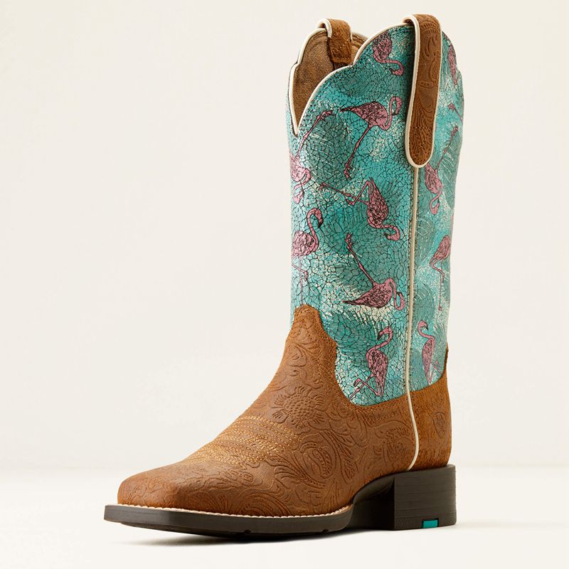 Ariat Round Up Wide Square Toe Western Boot Embossed Chestnut/Flock O Flamingos Polska | OAGIVU-791