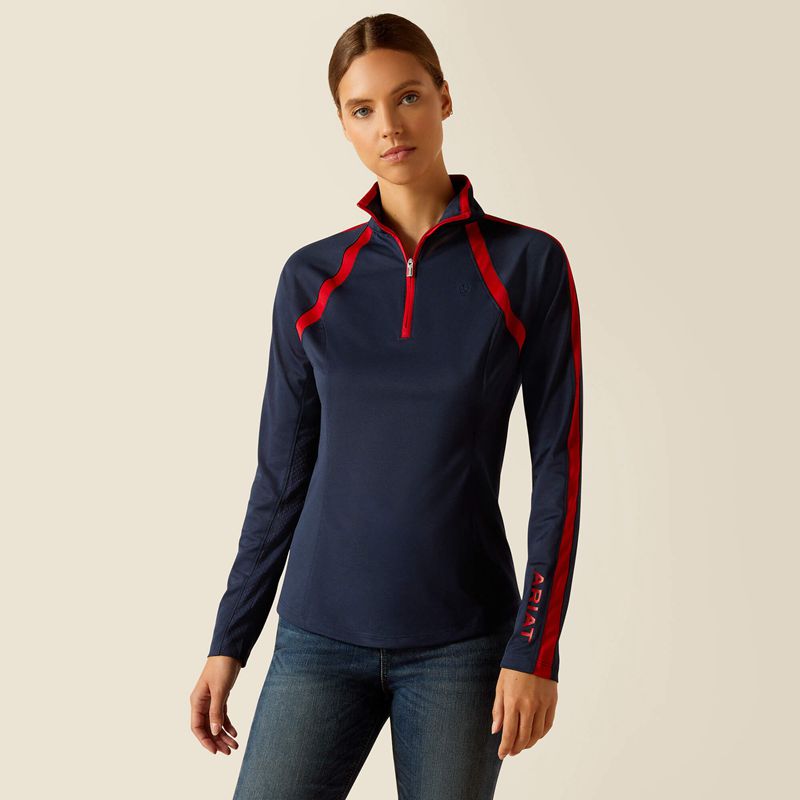 Ariat Sunstopper 3.0 1/4 Zip Baselayer Navyt/Red Polska | FUJILQ-243