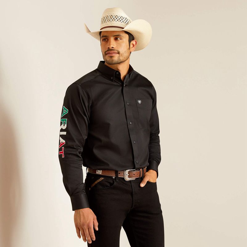 Ariat Team Logo Twill Fitted Shirt Black/Mexico Polska | YENSHQ-145