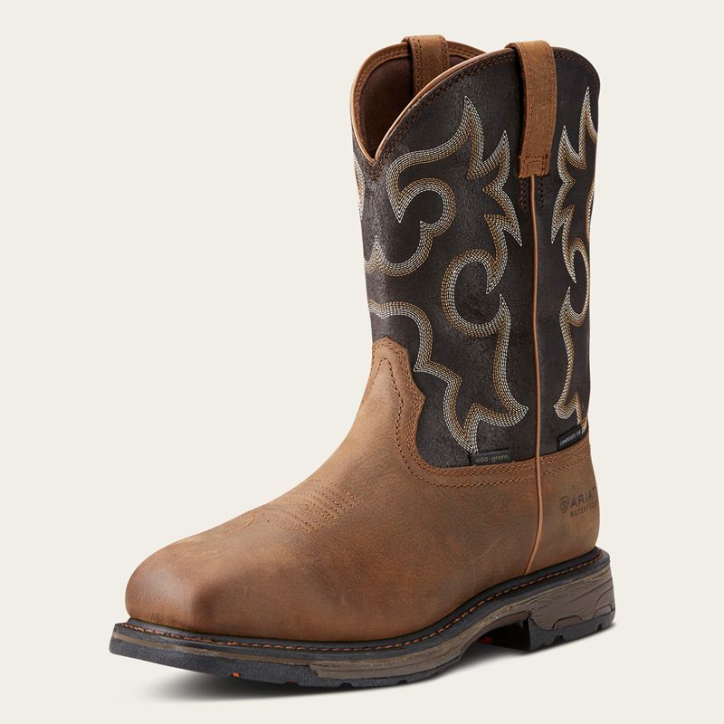 Ariat Workhog Wide Square Toe 400g Waterproof Composite Toe Work Boot Brązowe Polska | JWATZN-579