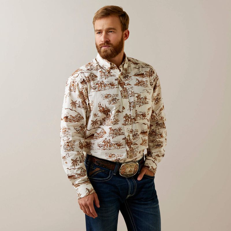 Ariat Wrinkle Resist Paniolo Western Aloha Stretch Classic Fit Shirt Sand Polska | EQOBJI-287