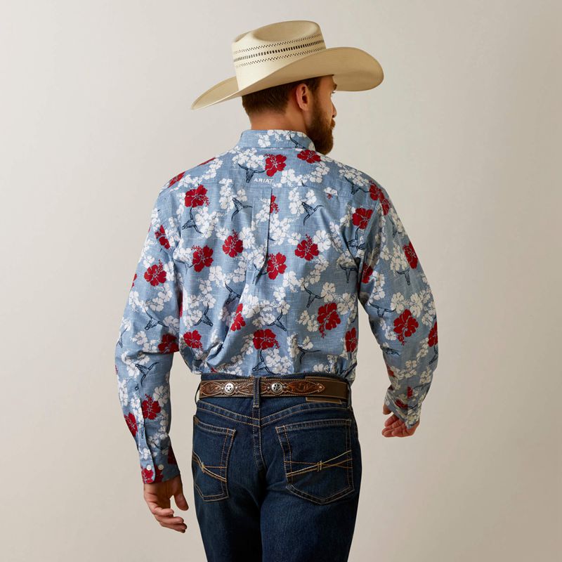 Ariat Wrinkle Resist Red White And Blue Pareau Western Aloha Stretch Classic Fit Shirt Niebieskie Polska | BETJZO-762