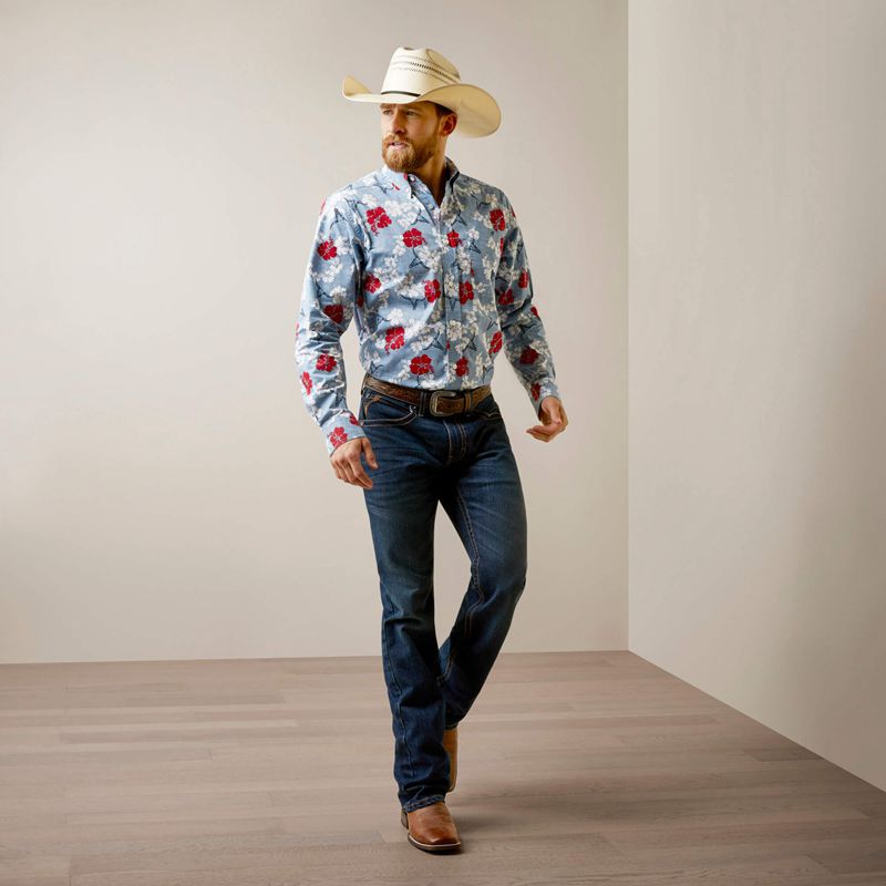 Ariat Wrinkle Resist Red White And Blue Pareau Western Aloha Stretch Classic Fit Shirt Niebieskie Polska | BETJZO-762