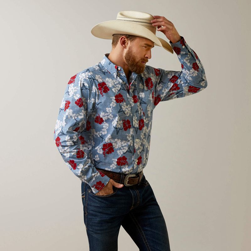 Ariat Wrinkle Resist Red White And Blue Pareau Western Aloha Stretch Classic Fit Shirt Niebieskie Polska | BETJZO-762